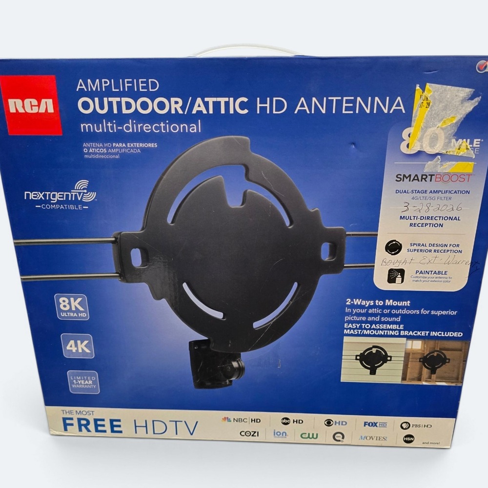 RCA Amplified Outdoor Attic HD Antenna Multi-Directional 4K 8K SmartBoost 80Mi